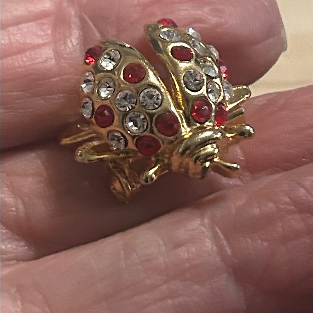 CUTEST VINTAGE SIGNED DT  RHINESTONE LADYBUG PIN BROOCH Red & Crystal